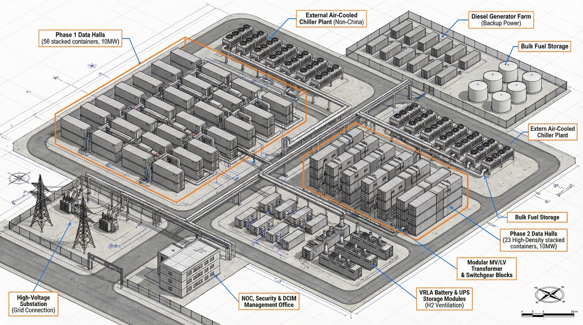 Annotated isometric aerial render of a GSPE containerized data center campus, rows of ISO containers on a concrete pad fed by a shared central plant