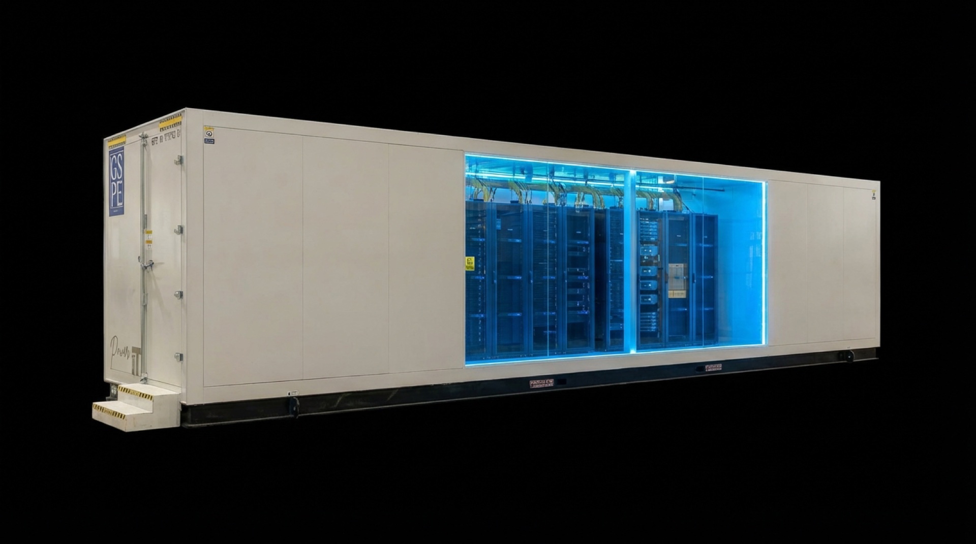 A single GSPE ISO container data center on a black studio background, blue-lit server racks visible through the cutaway side